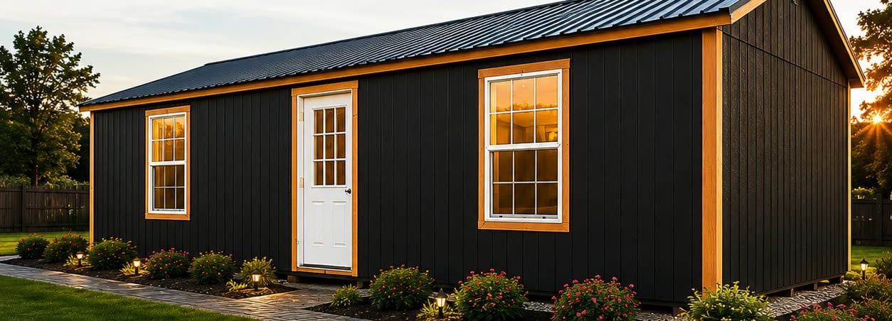 Black board-and-batten portable cabin with cedar trim and a 9-lite entry door, lit at sunset