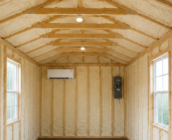 Cabin interior with spray foam insulation on walls and ceiling, a wall-mounted mini split, and an electrical panel