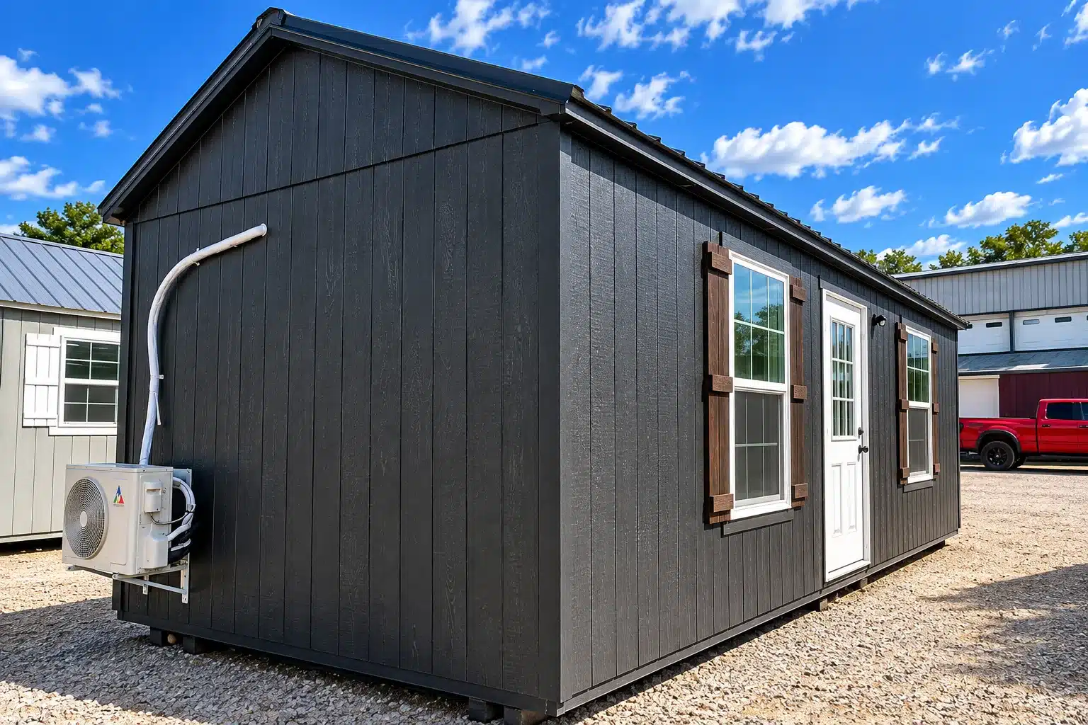 Real Secure Storage Sheds Pro Cottage in charcoal siding with a white entry door, two windows and exterior HVAC
