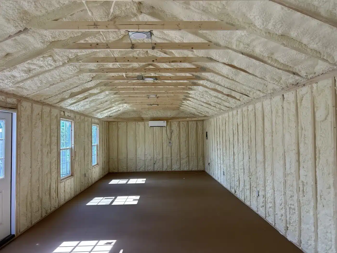 Real Secure Storage Sheds Comfort Package interior with spray foam, recessed lights, outlets and mini-split HVAC
