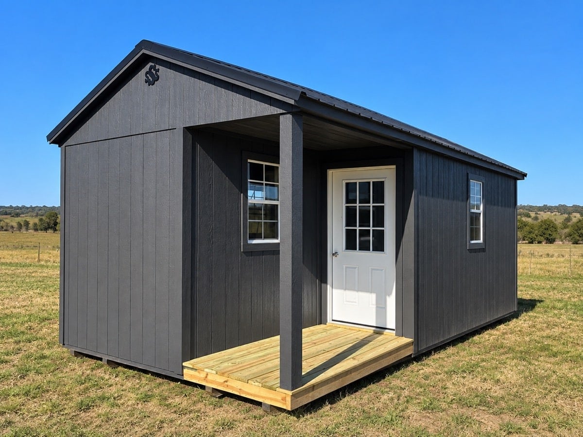 Gray cabin with a covered corner porch and white entry door