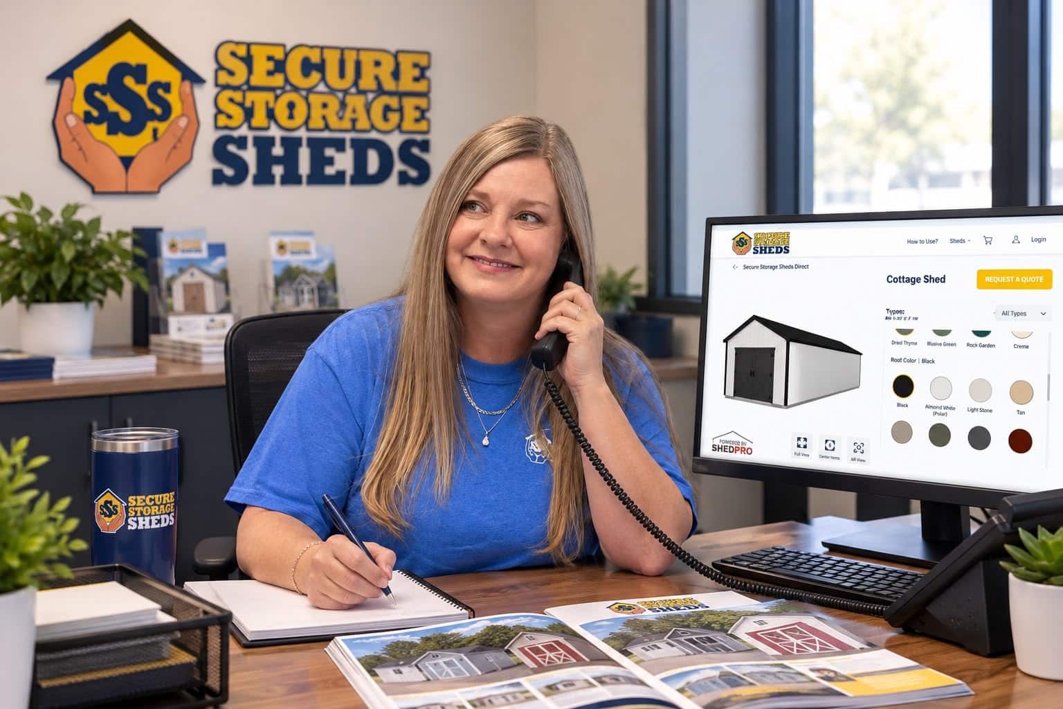 Secure Storage Sheds team member helping a customer by phone with the 3D designer on her monitor
