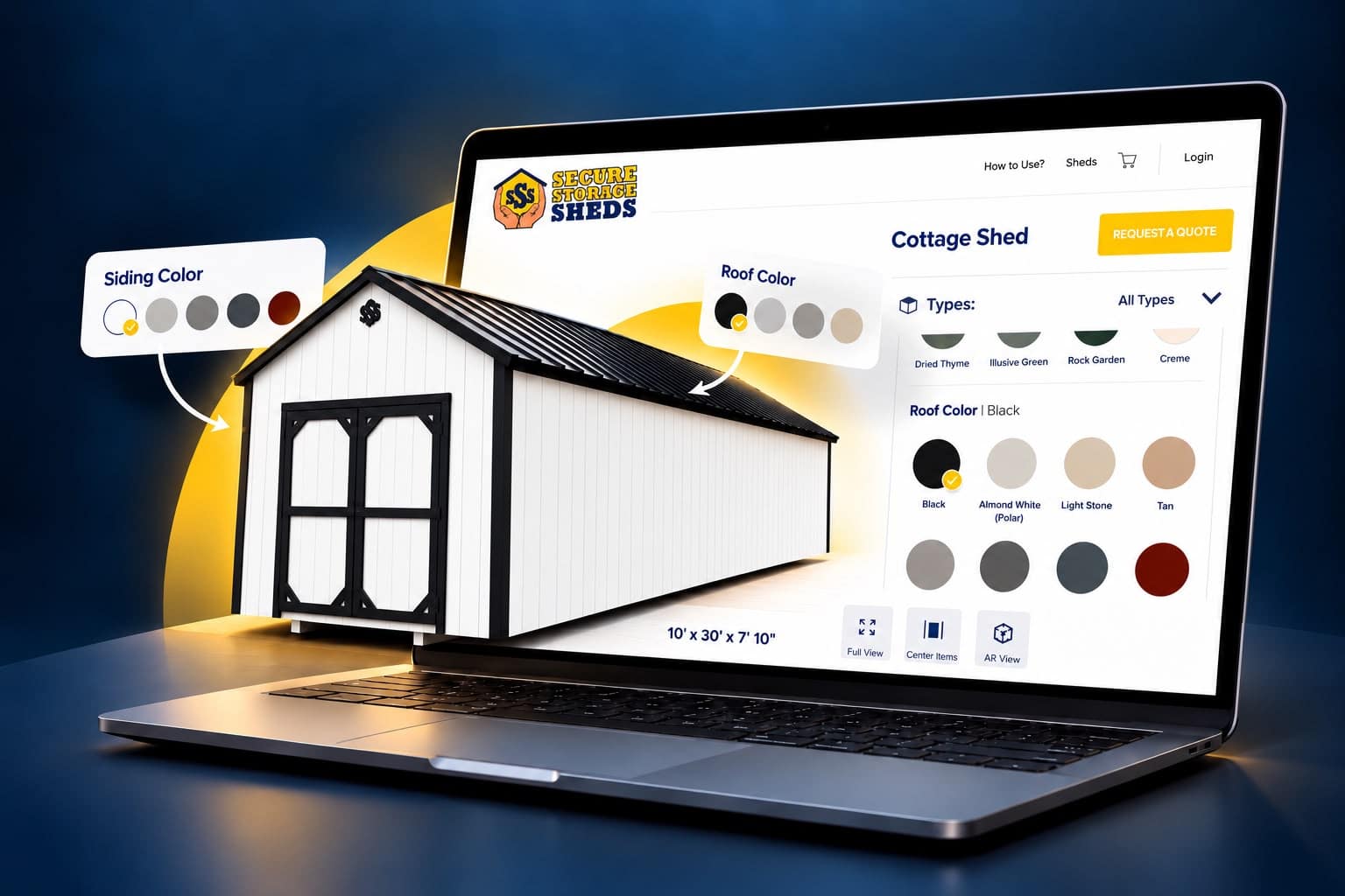 Laptop showing the Secure Storage Sheds 3D designer with a shed and siding and roof color choices
