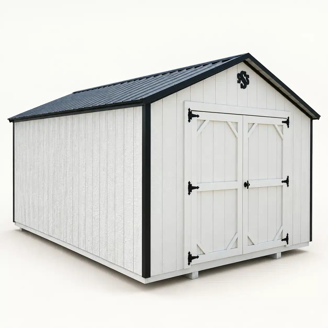 White Painted Value Shed with dark trim, a metal gable roof and white double doors