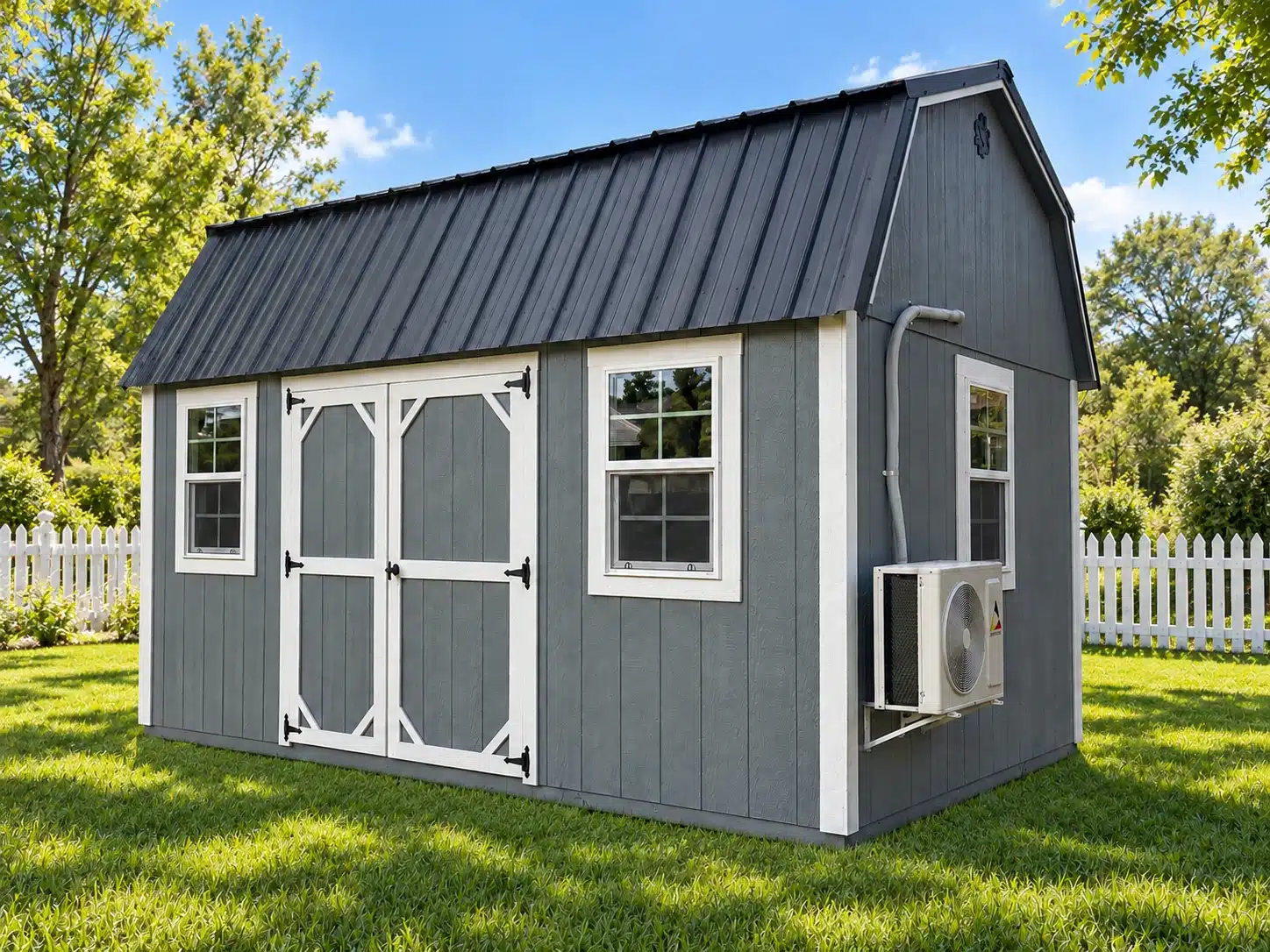Gray lofted barn with double doors, windows and a mini-split