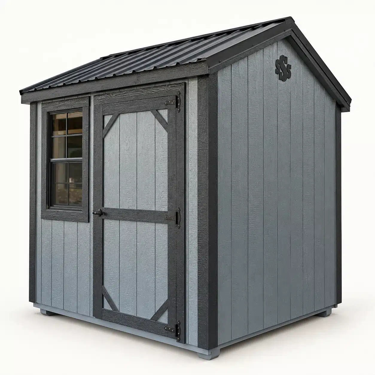 Gray Shed Saver with dark trim, a single door and a window