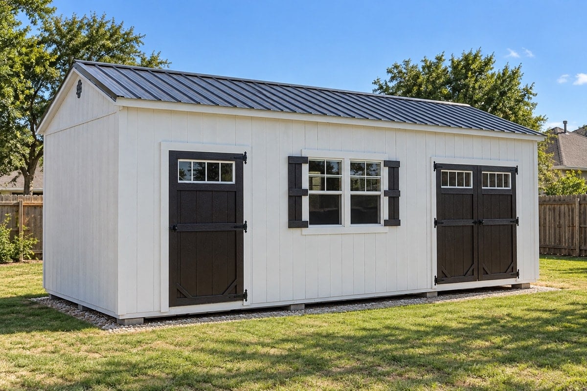 White storage shed with dark doors and roof in a backyard
