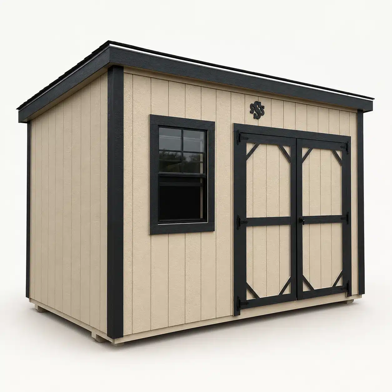 Tan Studio Lite shed with dark trim, a window and double doors